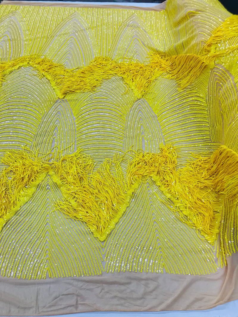 Fringe Sequins Design - Yellow - Fringe Design Embroidered on a  4 Way Stretch Lace Mesh (Pick A Size)