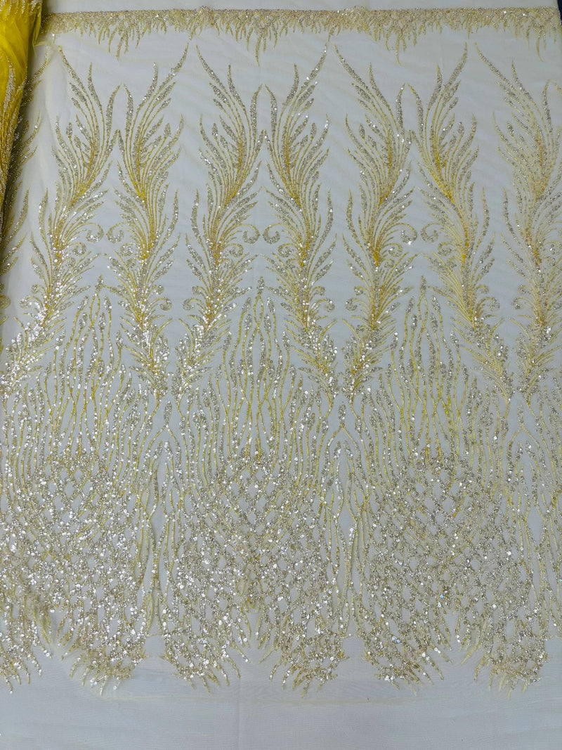 Beaded Embroidered Fabric - Yellow - Embroidered Heart and Feather Pattern Fabric Sold By Yard