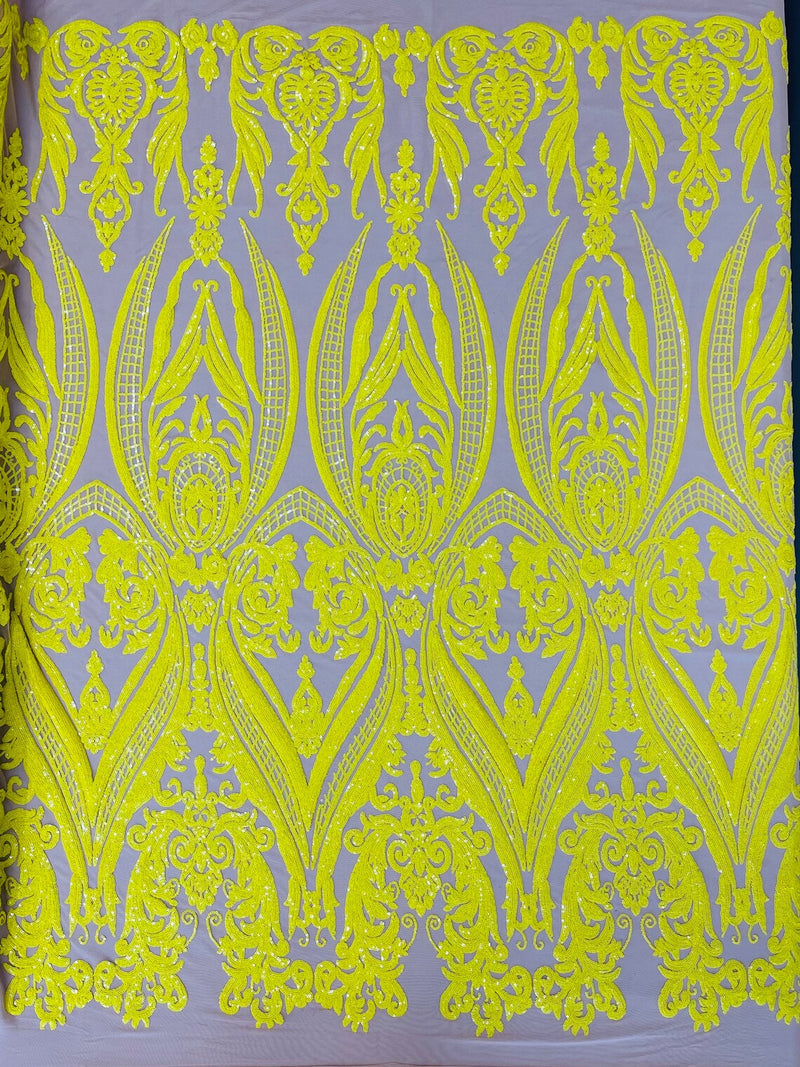 Damask Sequins - Yellow - Damask Sequin Design on 4 Way Stretch Fabric By Yard