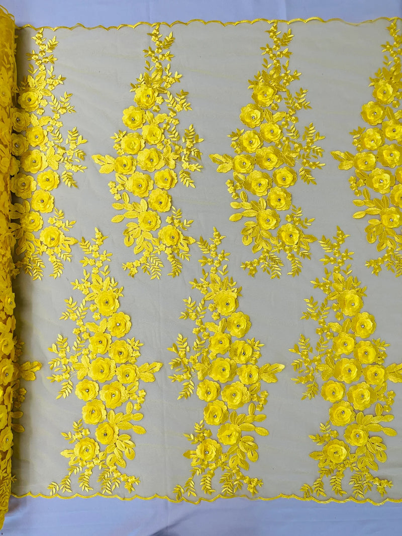 3D Rose Cluster Rhinestone - Yellow - Embroidered 3D Floral Rose Design Fabric Sold by Yard