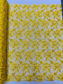 Small Flower Plant Fabric - Yellow - Floral Embroidered Design on Lace Mesh By Yard