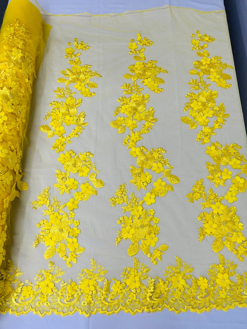 3D Rose Plant Fabric - Yellow - Embroidered Flower Design Rose Fabric Sold by Yard
