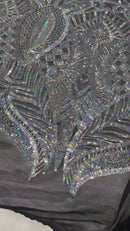 Sequin Fabric - Silver on Black - 4 Way Stretch Royalty Lace Sequin By Yard