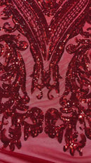 Damask Sequins - Red - Damask Sequin Design on 4 Way Stretch Fabric By Yard