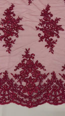 Fancy Border Cluster Fabric - Burgundy - Embroidered Beaded Flower Lace Design on Mesh Yard