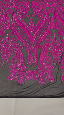Damask Sequins - Hot Pink on Black - Damask Sequin Design on 4 Way Stretch Fabric By Yard