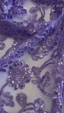 Floral Embroidered Lace - Lilac - Floral Corded Lace With Sequins Sold By Yard