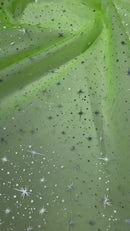 Foil Star Sheer Organza - Silver On Lime Green - 60" Sheer Silver Star Organza Fabric Sold By Yard