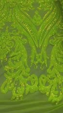 Big Damask Sequins - Lime Green - Damask Sequin Design on 4 Way Stretch Fabric By Yard