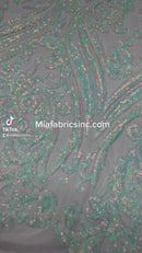 Iridescent Aqua/Blue Sequins Fabric Damask Design 4 Way Stretch Sequin Fabric Sold By The Yard