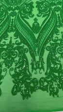 Green Big Damask Sequin Fabric on a Mesh 4 Way Stretch Sequins Fabric Sold By The Yard