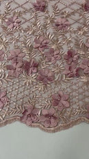 3D Triangle Floral Pearl Fabric - Dusty Rose - 3D Embroidered Floral Design on Lace Mesh By Yard