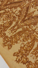 Damask Sequins - Holographic Burnt Orange - Damask Sequin Design on 4 Way Stretch Fabric By Yard