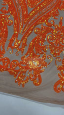 Damask Sequins - Orange on Dark Nude - Sequin Design on 4 Way Stretch Fabric By Yard