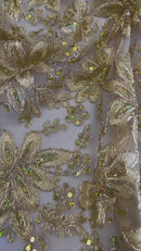 Holographic Floral Lace - Gold - Flower Sequins Lace Design w/ Metallic Thread by Yard