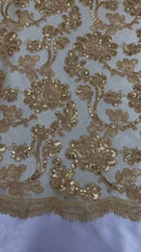 Floral Embroidered Lace - Gold - Floral Corded Lace With Sequins Sold By Yard