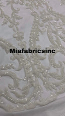 White Sequin Fabric On a Mesh 4 Way Stretch, Sequins Fabric Damask Design By The Yard