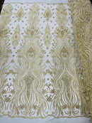 Luxury Beaded Design - Beige - Sold By Yard Floral Fabric Embroidered w/ Pearls-Beads on Mesh Lace