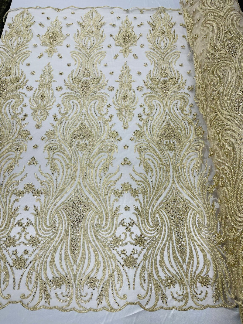 Luxury Beaded Design - Beige - Sold By Yard Floral Fabric Embroidered w/ Pearls-Beads on Mesh Lace