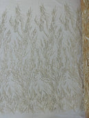 Beaded Wavy Plant Lines Fabric - Nude - Embroidered Wedding Bridal Fabric Sold By The Yard