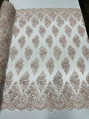 Floral Cluster Bead Fabric - Blush - Embroidered Flowers with Beads on Mesh Fabric Sold By Yard