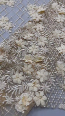 3D Triangle Floral Pearl Fabric - Champagne - 3D Embroidered Floral Design on Lace Mesh By Yard