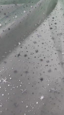 Foil Star Sheer Organza - Silver On Mint - 60" Sheer Silver Star Organza Fabric Sold By Yard