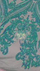 Mint Iridescent Sequins Fabric on a Mesh, Damask Design 4Way Stretch Sequin By The Yard