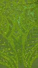 Iridescent Sequin Fabric - Neon Lime Green - 4 Way Stretch Royalty Lace Sequin By Yard