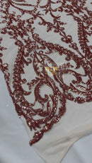 Blush Sequin Fabric On a Mesh 4 Way Stretch, Sequins Fabric Damask Design By The Yard