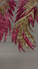 Angel Wings Sequins Fabric - Red / Gold on Dark Nude - 4 Way Stretch Feather Wings Sequins Design By Yard