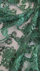 Floral Embroidered Lace - Hunter Green - Floral Corded Lace With Sequins Sold By Yard