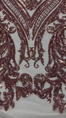 Rose Gold Sequins Fabric on Mesh, Damask Design 4 Way Stretch Sequin Fabric Sold By The Yard