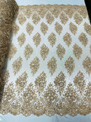 Floral Cluster Bead Fabric - Champagne - Embroidered Flowers with Beads on Mesh Fabric Sold By Yard