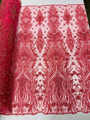 Luxury Beaded Design - Coral - Sold By Yard Floral Fabric Embroidered w/ Pearls-Beads on Mesh Lace