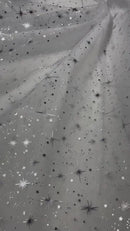 Foil Star Sheer Organza - Silver On White - 60" Sheer Silver Star Organza Fabric Sold By Yard