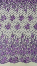 3D Triangle Floral Pearl Fabric - Lilac - 3D Embroidered Floral Design on Lace Mesh By Yard