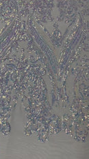 Damask Sequins - Clear Iridescent - Damask Sequin Design on 4 Way Stretch Fabric By Yard