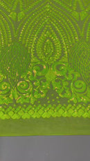 Geometric Design Fabric - Lime Green - 4 Way Stretch Embroidered Design Sequins Fabric By Yard