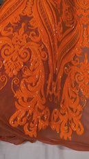 Neon Orange Big Damask Sequin Fabric on a Mesh 4 Way Stretch Sequins Fabric Sold By The Yard