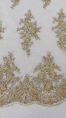 Fancy Border Cluster Fabric - Blush - Embroidered Beaded Flower Lace Design on Mesh Yard