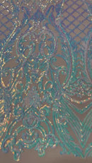 Damask Geometric Sequins - Aqua on Nude - 4 Way Stretch Sequins Design Sold By Yard