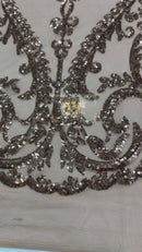 Khaki Sequin Fabric On Nude Mesh 4 Way Stretch, Sequins Fabric Damask Design By The Yard