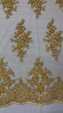 Fancy Border Cluster Fabric - Gold - Embroidered Beaded Flower Lace Design on Mesh Yard