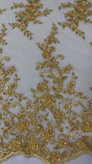 Beaded Fancy Floral Cluster - Gold - Embroidered Glamorous Floral Design by Yard