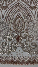 Geometric Design Fabric - Rose Gold - 4 Way Stretch Embroidered Design Sequins Fabric By Yard