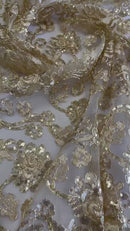 Floral Embroidered Lace - Champagne - Floral Corded Lace With Sequins Sold By Yard