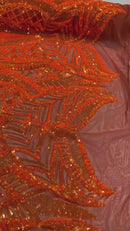 Iridescent Sequin Fabric - Iridescent Neon Orange - 4 Way Stretch Royalty Lace Sequin By Yard