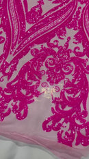 Hot Pink Sequins Fabric on Mesh, Damask Design 4 Way Stretch Sequin Fabric Sold By The Yard