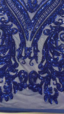Royal Blue Sequins Fabric on Mesh, Damask Design 4 Way Stretch Sequin Fabric Sold By The Yard
